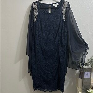 Jackie  Jon  Midnight Blue Lace Dress with Sheer Cape Sleeves-  22W